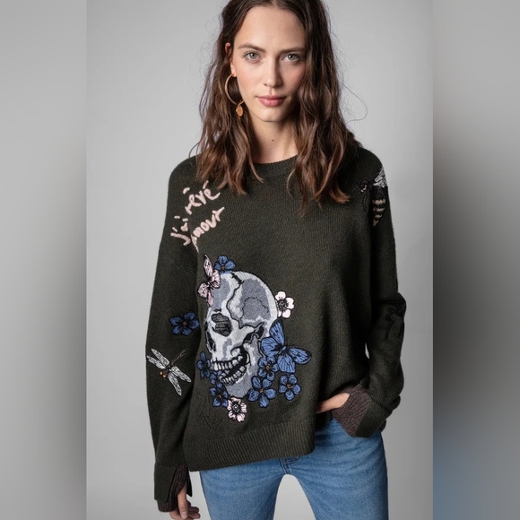 ZADIG & VOLTAIRE Dark Green Skull Embroidered Sweater - Picture 5 of 8
